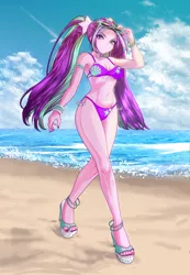 Size: 3312x4800 | Tagged: suggestive, artist:rileyav, edit, editor:drtoughlove, aria blaze, equestria girls, anklet, armlet, beach, beach babe, belly button, bikini, bikini babe, bracelet, breasts, busty aria blaze, cleavage, clothes, curvy, disguise, disguised siren, eyelashes, eyeshadow, female, hair tie, high heels, high res, hourglass figure, image, jewelry, legs, lips, long hair, looking at you, makeup, midriff, nail polish, ocean, outdoors, pigtails, png, sand, sandals, shoes, slit eyes, solo, solo female, stupid sexy aria blaze, sunglasses, sunglasses on head, swimsuit, thighs, toenail polish, twintails