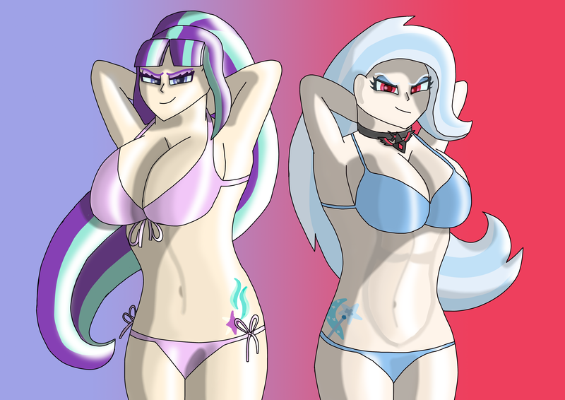 Size: 4961x3508 | Tagged: suggestive, artist:anthrodegenerate, derpibooru import, starlight glimmer, trixie, human, absurd resolution, alicorn amulet, arm behind head, belly button, big breasts, bikini, breasts, cleavage, clothes, cutie mark on human, duo, duo female, evil grin, evil starlight, evil trixie, female, grin, humanized, image, looking at you, png, simple background, smiling, smiling at you, swimsuit, updated