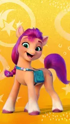 Size: 736x1308 | Tagged: safe, derpibooru import, official, sunny starscout, earth pony, pony, spoiler:g5, abstract background, female, g5, image, jpeg, looking at you, mare, orange background, pinterest, simple background, solo