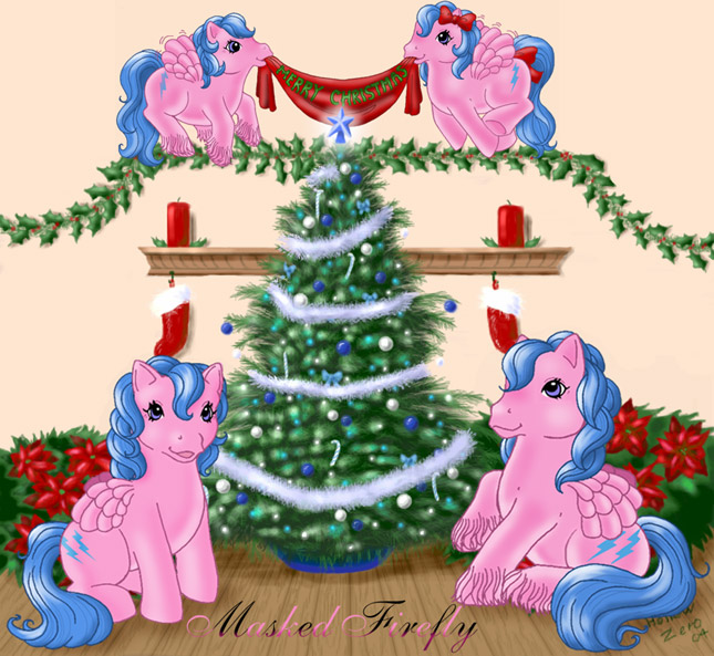 Size: 645x593 | Tagged: safe, artist:hollowzero, derpibooru import, firefly, bow, candle, candy, candy cane, christmas, christmas decorations, christmas stocking, christmas tree, food, holiday, image, jpeg, mane bow, multeity, poinsettia, tail bow, ten million fireflys, tree, unshorn fetlocks