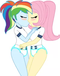 Size: 1202x1510 | Tagged: suggestive, artist:charliexe, artist:wolf, artist:yaya54320bases, derpibooru import, fluttershy, rainbow dash, equestria girls, blushing, clothes, diaper, diaper fetish, eyes closed, female, fetish, flutterdash, gym uniform, image, kissing, lesbian, png, ponytail, shipping