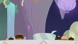 Size: 1280x720 | Tagged: safe, derpibooru import, screencap, season 9, student counsel, spoiler:s09, background, bowl, cupcake, food, image, maud's cave, no pony, png, scenic ponyville, waterfall