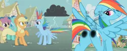 Size: 1400x563 | Tagged: safe, derpibooru import, applejack, blueberry muffin, blue october, dizzy twister, lyra heartstrings, orange swirl, rainbow dash, trixie, boast busters, abuse, bedroom eyes, burned, burned butt, burned butt fetish, butt, buttcheeks, dashabuse, electrixie, featureless crotch, female, fetish, hot buns, image, implied trixie, irritated, lightning, literal butthurt, not amused face, on fire, outdoors, pain, plot, png, ponyville, pun, rainbow dash is not amused, scorched, singed, smoke, smoking, stormcloud, stupid sexy rainbow dash, this ended in fire, this is going to hurt, unamused, visual pun, we don't normally wear clothes