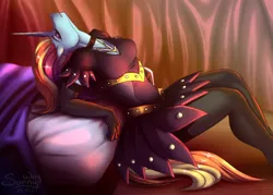 Size: 1200x857 | Tagged: safe, artist:sunny way, derpibooru import, sassy saddles, anthro, pony, unicorn, anthro pony, art, artwork, bed, clothes, collar, cute, digital art, dress, female, gloves, image, mare, mlp fim, my little pony, patreon, patreon exclusive, pinup, png, socks, solo, stockings, thigh highs, tired