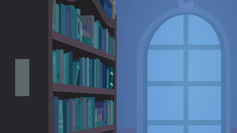 Size: 1280x720 | Tagged: safe, derpibooru import, screencap, student counsel, background, book, bookshelf, image, library, night, no pony, png, scenic ponyville, school of friendship, window