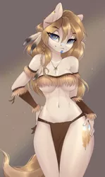 Size: 1517x2544 | Tagged: suggestive, artist:u_lu_lu, derpibooru import, oc, oc:creamy, anthro, bodypaint, breasts, clothes, cutie mark, feather, female, hand on hip, image, looking at you, piercing, png, solo, standing