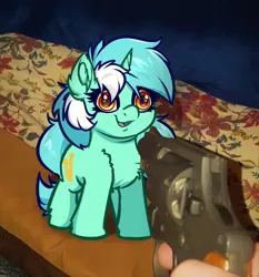 Size: 3438x3686 | Tagged: safe, artist:witchtaunter, derpibooru import, lyra heartstrings, ponified, pony, unicorn, chest fluff, ear fluff, faic, gun, image, irl, l.u.l.s., meme, oblivious, offscreen character, offscreen human, photo, png, ponies in real life, ponified meme, smiling, threatening, weapon