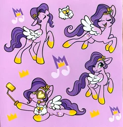 Size: 2278x2341 | Tagged: safe, derpibooru import, cloudpuff, pipp petals, dog, pegasus, pomeranian, pony, my little pony: a new generation, female, g5, image, mare, merchandise, png, purple background, simple background, sticker