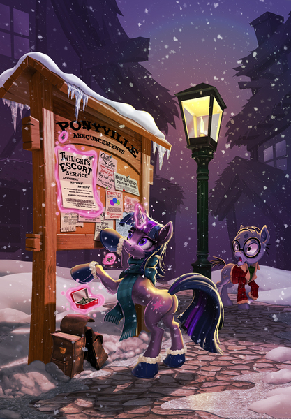 Size: 1800x2589 | Tagged: safe, artist:harwick, derpibooru import, mr. waddle, twilight sparkle, pony, unicorn, fanfic, bag, butt, clothes, commission, cover art, fanfic art, fanfic cover, featured image, gloves, glowing horn, horn, image, jpeg, open mouth, saddle bag, scarf, snow, snowfall, streetlight, twibutt, unicorn twilight, winter