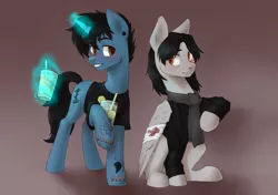 Size: 4370x3071 | Tagged: safe, artist:krupa, derpibooru import, ponified, pegasus, pony, unicorn, blushing, broken wing, clothes, commission, drink, ear piercing, fangs, folded wings, frank iero, frown, gay, gerard way, glowing horn, grin, horn, horn piercing, image, jacket, levitation, magic, male, my chemical romance, piercing, png, raised hoof, scarf, shipping, shirt, simple background, sitting, smiling, stallion, standing, t-shirt, tattoo, telekinesis, wings, ych result