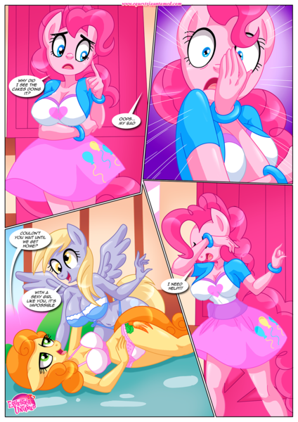Size: 1200x1697 | Tagged: explicit, artist:bbmbbf, carrot top, derpy hooves, golden harvest, pinkie pie, anthro, comic:lesbian bed death makes lesbians go crazy, equestria untamed, breasts, busty carrot top, busty derpy hooves, derpytop, female, image, lesbian, palcomix, png, shipping