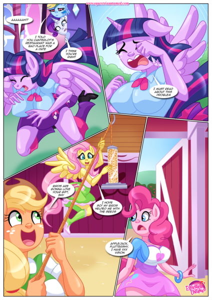 Size: 1200x1697 | Tagged: questionable, artist:bbmbbf, applejack, pinkie pie, rarity, twilight sparkle, anthro, comic:lesbian bed death makes lesbians go crazy, equestria untamed, breasts, busty pinkie pie, busty twilight sparkle, image, palcomix, png