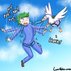 Size: 750x750 | Tagged: safe, artist:lumineko, derpibooru import, oc, oc:software patch, bird, goose, human, clothes, falling, goggles, humanized, humanized oc, image, jpeg, jumpsuit, oc abuse, parachute, this will end in death, untitled goose game