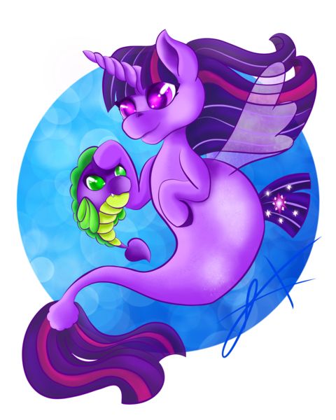 Size: 2190x2738 | Tagged: safe, artist:xenyu, derpibooru import, spike, twilight sparkle, twilight sparkle (alicorn), alicorn, fish, pony, seapony (g4), blue background, bubble, clothes, dorsal fin, female, fin wings, fish tail, flowing mane, flowing tail, green eyes, image, looking at each other, male, png, purple eyes, seaponified, seapony twilight, see-through, signature, simple background, smiling, species swap, tail, transparent background, underwater, water, wings