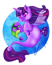 Size: 2190x2738 | Tagged: safe, artist:xenyu, derpibooru import, spike, twilight sparkle, twilight sparkle (alicorn), alicorn, fish, pony, seapony (g4), blue background, bubble, clothes, dorsal fin, female, fin wings, fish tail, flowing mane, flowing tail, green eyes, image, looking at each other, male, png, purple eyes, seaponified, seapony twilight, see-through, signature, simple background, smiling, species swap, tail, transparent background, underwater, water, wings