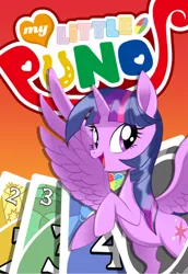 Size: 412x600 | Tagged: artist needed, source needed, safe, derpibooru import, twilight sparkle, alicorn, card, card game, cutie mark, horn, image, jpeg, logo, multicolored hair, parody, twilight sparkle (alicorn), uno, wings