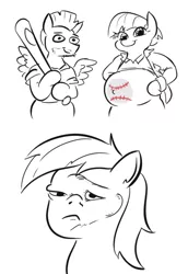 Size: 442x642 | Tagged: safe, artist:jargon scott, derpibooru import, bow hothoof, rainbow dash, windy whistles, pegasus, pony, baseball bat, black and white, dented dash, female, grayscale, image, male, mare, monochrome, neo noir, partial color, png, pregnant, simple background, stallion, white background
