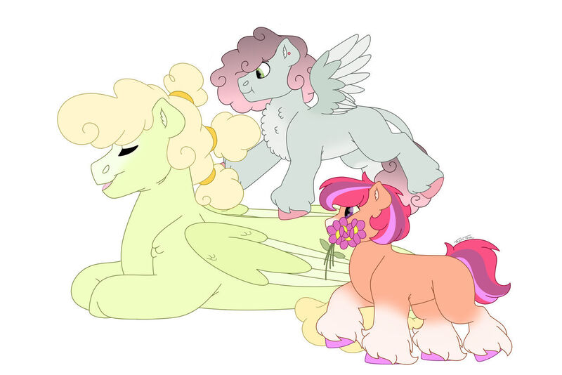 Size: 1280x854 | Tagged: safe, artist:itstechtock, derpibooru import, oc, oc:birdie, oc:gala promenade, oc:sunshine, unofficial characters only, earth pony, pegasus, pony, female, filly, flower, image, jpeg, lying down, offspring, parent:apple bloom, parent:mountain haze, parent:rumble, parent:sweetie belle, parent:tender taps, parent:whoa nelly, parents:mountainnelly, parents:rumbelle, parents:tenderbloom, prone, simple background, white background