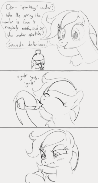 Size: 692x1280 | Tagged: safe, artist:dotkwa, derpibooru import, oc, unofficial characters only, earth pony, pony, 3 panel comic, comic, deception, dialogue, disgusted, drink, drinking, female, grayscale, hoof hold, image, mare, monochrome, onomatopoeia, open mouth, png, scrunchy face, solo, sound effects, water bottle