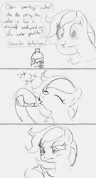 Size: 692x1280 | Tagged: safe, artist:dotkwa, derpibooru import, oc, unofficial characters only, earth pony, pony, 3 panel comic, comic, deception, dialogue, disgusted, drink, drinking, female, grayscale, hoof hold, image, mare, monochrome, onomatopoeia, open mouth, png, scrunchy face, solo, sound effects, water bottle