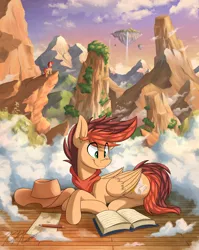 Size: 3258x4096 | Tagged: safe, artist:kaylerustone, derpibooru import, oc, oc:kayle rustone, unofficial characters only, pegasus, pony, book, clothes, cloud, forest, grass, hat, hill, image, island, jpeg, looking down, lying down, male, map, mountain, pencil, reading, rock, scenery, scenery porn, stallion, sunset, tree, wings