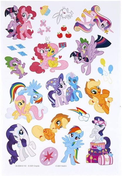 Size: 703x1015 | Tagged: safe, derpibooru import, official, angel bunny, applejack, fluttershy, pinkie pie, princess cadance, rainbow dash, rarity, spike, starlight glimmer, trixie, twilight sparkle, alicorn, dragon, earth pony, pegasus, pony, rabbit, unicorn, animal, bipedal, cloud, crayola, cupcake, cutie mark, eyeshadow, female, flying, food, hasbro, heart, image, jpeg, luggage, makeup, male, mane seven, mane six, mare, mobile phone, open mouth, phone, photobomb, raised hoof, rearing, scan, selfie stick, simple background, sitting, smartphone, spike riding twilight, starlight wearing trixie's hat, sticker, sunglasses, white background