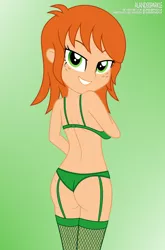 Size: 6250x9479 | Tagged: suggestive, artist:alandssparkle, derpibooru import, oc, oc:chrystine mirage, equestria girls, ass, bra, breasts, butt, butt freckles, clothes, covering breasts, derpibooru exclusive, female, freckles, gradient background, green underwear, hand on hip, image, lingerie, looking at you, looking back, looking back at you, looking over shoulder, panties, png, sexy, sideboob, signature, simple background, solo, underwear