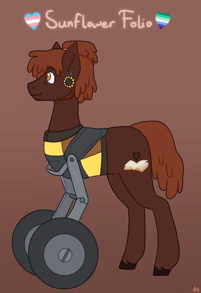 Size: 841x1225 | Tagged: safe, artist:greenarsonist, derpibooru import, oc, oc:sunflower folio, unofficial characters only, earth pony, clothes, disability, disabled, ear piercing, earring, earth pony oc, gay, gay pride flag, image, jewelry, male, piercing, png, ponytail, pride, pride flag, solo, transgender, transgender pride flag, trans male, vest, wheelchair