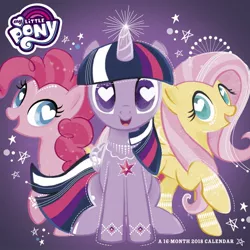 Size: 1500x1500 | Tagged: safe, artist:day dream, derpibooru import, official, fluttershy, pinkie pie, twilight sparkle, twilight sparkle (alicorn), alicorn, earth pony, pegasus, pony, 2018 my little pony wall calendar (day dream), amazon.com, calendar, glowing horn, heart eyes, horn, image, jpeg, merchandise, missing nostrils, my little pony logo, wingding eyes