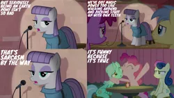 Size: 1280x720 | Tagged: safe, derpibooru import, edit, edited screencap, editor:quoterific, screencap, bon bon, lyra heartstrings, maud pie, pinkie pie, sweetie drops, earth pony, pony, unicorn, season 8, the maud couple, spoiler:s08, ^^, eyes closed, female, image, jpeg, male, mare, microphone, microphone stand, one eye closed, open mouth, pie sisters, siblings, sisters, stallion
