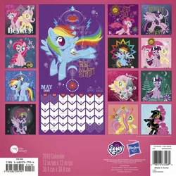 Size: 2560x2560 | Tagged: safe, artist:day dream, derpibooru import, official, fluttershy, pinkie pie, rainbow dash, twilight sparkle, alicorn, butterfly, earth pony, insect, pegasus, pony, 2018, 2018 my little pony wall calendar (day dream), background pony applejack, background pony rarity, barcode, calendar, feather, female, hasbro logo, heart eyes, image, isbn, jpeg, loyalty, made in korea, mare, moon, my little pony logo, stock vector, sun, wingding eyes