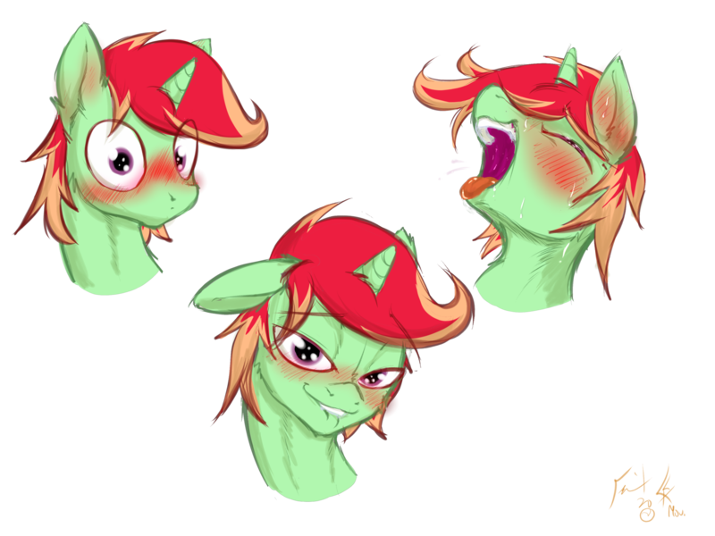 Size: 2048x1536 | Tagged: safe, artist:frist44, derpibooru import, oc, oc:jonin, unofficial characters only, pony, unicorn, ahegao, blushing, bust, eyes closed, horn, image, lip bite, looking at you, male, open mouth, png, portrait, simple background, solo, stallion, surprised, tongue out, transparent background