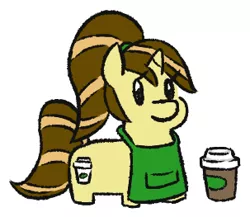 Size: 303x263 | Tagged: safe, artist:jargon scott, derpibooru import, oc, oc:java chip, unofficial characters only, pony, unicorn, apron, clothes, coffee cup, cup, female, image, mare, png, simple background, solo, squatpony, white background