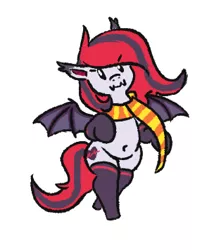 Size: 297x356 | Tagged: safe, artist:jargon scott, derpibooru import, oc, oc:arrhythmia, unofficial characters only, bat pony, pony, belly button, bipedal, clothes, female, image, mare, png, scarf, simple background, solo, spread wings, squatpony, white background, wings