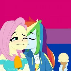 Size: 1280x1280 | Tagged: safe, artist:insamity720, derpibooru import, fluttershy, rainbow dash, equestria girls, bisexual pride flag, blushing, eyes closed, female, flutterdash, food, ice cream, ice cream cone, image, jpeg, kiss on the cheek, kissing, lesbian, one eye closed, popsicle, pride, pride flag, shipping, solo