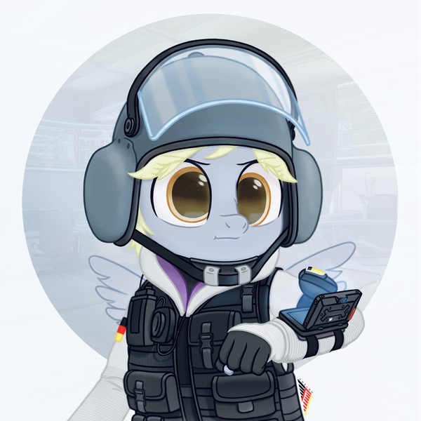 Size: 2000x2000 | Tagged: safe, artist:fchelon, derpibooru import, derpy hooves, anthro, pegasus, armor, clothes, cosplay, costume, crossover, female, fingerless gloves, gloves, helmet, hoodie, image, iq, jpeg, mask, rainbow six, rainbow six siege