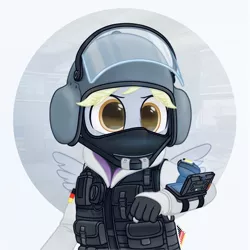 Size: 2000x2000 | Tagged: safe, alternate version, artist:fchelon, derpibooru import, derpy hooves, anthro, pegasus, armor, clothes, cosplay, costume, crossover, female, fingerless gloves, gloves, helmet, hoodie, image, iq, jpeg, mask, rainbow six, rainbow six siege