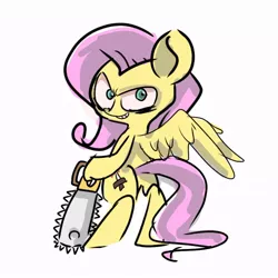 Size: 768x768 | Tagged: semi-grimdark, artist:pnpn_721, derpibooru import, screencap, fluttershy, pegasus, pony, .mov, shed.mov, angry face, bipedal, chainsaw, female, image, jpeg, looking at you, looking back, looking back at you, mare, shrunken pupils, simple background, white background