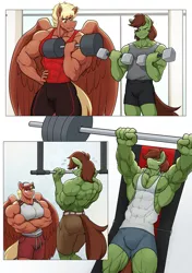 Size: 1439x2048 | Tagged: safe, artist:ponyanony, derpibooru import, oc, oc:emerald spark, oc:flex, unofficial characters only, anthro, earth pony, pegasus, pony, abs, anthro oc, armpits, back muscles, barbell, bodybuilder, clothes, comic, commission, deltoids, dumbbell (object), duo, earth pony oc, exercise, gym, image, male, male nipples, muscles, muscular male, nipples, no dialogue, nudity, pecs, pegasus oc, png, stallion, sweat, thighs, thunder thighs, wings