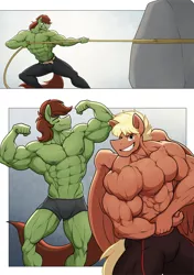 Size: 1439x2048 | Tagged: safe, artist:ponyanony, derpibooru import, oc, oc:emerald spark, oc:flex, unofficial characters only, anthro, earth pony, pegasus, pony, abs, anthro oc, armpits, biceps, bodybuilder, clothes, comic, commission, deltoids, duo, earth pony oc, flexing, flexing muscles, grin, image, looking at you, male, male nipples, muscles, muscular male, nipples, no dialogue, nudity, pecs, pegasus oc, png, pulling rope, rock, smiling, stallion, thighs, thunder thighs, wings