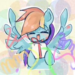 Size: 768x768 | Tagged: safe, artist:pnpn_721, derpibooru import, rainbow dash, pegasus, pony, abstract background, eyes closed, female, image, jpeg, mare, open mouth, open smile, present, smiling, solo, streamers