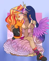 Size: 640x800 | Tagged: safe, artist:liza-lee, derpibooru import, sunset shimmer, twilight sparkle, clothes, crown, dress, female, horn, image, jewelry, jpeg, lesbian, regalia, shipping, sunsetsparkle, wings