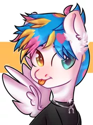 Size: 2873x3840 | Tagged: safe, artist:morttdecai3, derpibooru import, ponified, pegasus, pony, :p, awsten knight, bust, chest fluff, clothes, commission, dyed mane, ear fluff, eye clipping through hair, heterochromia, horseshoes, image, jewelry, male, necklace, png, shirt, spread wings, stallion, t-shirt, tongue out, waterparks, wings, ych result