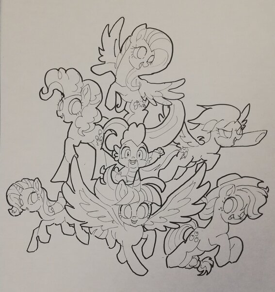 Size: 1934x2048 | Tagged: safe, artist:pnpn_721, derpibooru import, applejack, fluttershy, pinkie pie, rainbow dash, rarity, spike, twilight sparkle, twilight sparkle (alicorn), alicorn, dragon, earth pony, pegasus, pony, unicorn, black and white, female, grayscale, image, ink drawing, jpeg, lineart, male, mane seven, mane six, mare, monochrome, traditional art