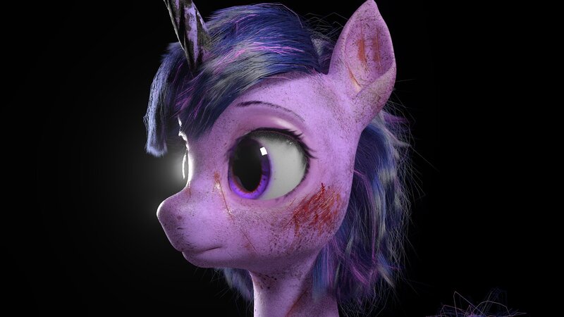 Size: 1920x1080 | Tagged: semi-grimdark, artist:robinrain8, derpibooru import, twilight sparkle, pony, unicorn, 3d, blood, dirt, female, image, jpeg, mare, render, solo