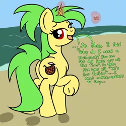 Size: 2000x2000 | Tagged: safe, artist:dafiltafish, derpibooru import, oc, oc:piña, pony, unicorn, beach, image, png, solo, text, we don't normally wear clothes