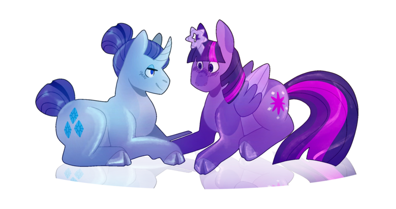 Size: 1280x679 | Tagged: safe, artist:lockandkeyhyena, derpibooru import, rarity, twilight sparkle, twilight sparkle (alicorn), alicorn, pony, unicorn, blushing, cloven hooves, curved horn, female, hair bun, horn, image, lesbian, lying down, png, prone, rarilight, shipping, simple background, tail bun, transparent background