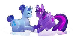 Size: 1280x679 | Tagged: safe, artist:lockandkeyhyena, derpibooru import, rarity, twilight sparkle, twilight sparkle (alicorn), alicorn, pony, unicorn, blushing, cloven hooves, curved horn, female, hair bun, horn, image, lesbian, lying down, png, prone, rarilight, shipping, simple background, tail bun, transparent background