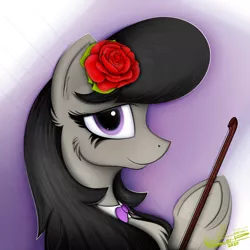 Size: 4000x4000 | Tagged: safe, artist:ser-p, derpibooru import, octavia melody, pony, absurd resolution, bow (instrument), bust, cello bow, flower, flower in hair, image, png, portrait, solo