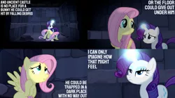 Size: 1280x720 | Tagged: safe, derpibooru import, edit, edited screencap, editor:quoterific, screencap, fluttershy, rarity, pegasus, pony, unicorn, castle mane-ia, season 4, dark, duo, duo female, female, image, jpeg, mare, open mouth